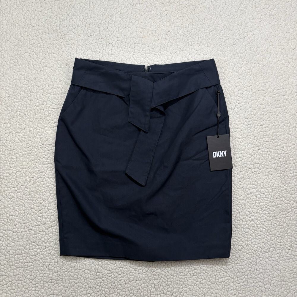 NWT DKNY Tie Front Navy Blue Pencil Skirt Size 6 Career Office Casual Zip Back